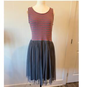 Women’s Size Large Matilda Jane Dress Red Gray Stripe with Tulle